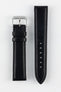 Image showing topside of black RIOS1931 Merino Watch Strap with polished silver buckle on white background