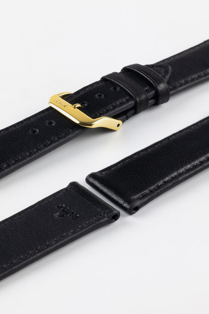 Photograph showing RIOS1931 Merino Leather Watch Strap buckled up and lug ends with springbar holes, topside and underside, with polished gold buckle option