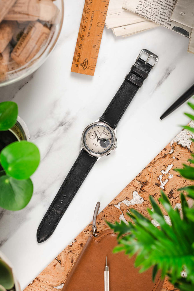 Lay flat image of RIOS1931 Merino Lambskin Leather Watch Strap on Studio Underd0g Go0fy Panda Chronograph Watch with black dial