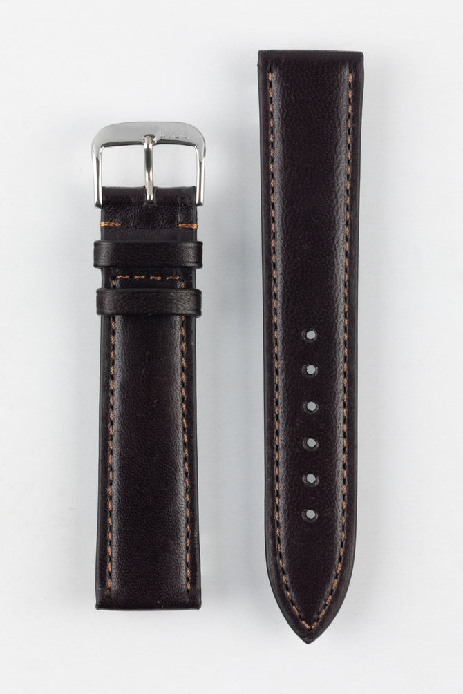 Image showing topside of Mocha Brown RIOS1931 Merino Watch Strap with polished silver buckle on white background