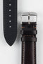 Close up of Dark Mocha Brown RIOS1931 Merino Leather strap with polished stainless steel buckle and leather keepers, showing underside of strap
