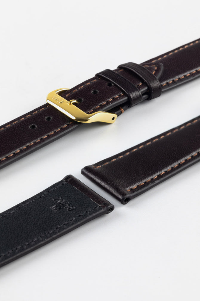 Photograph showing RIOS1931 Merino Leather Watch Strap buckled up and lug ends with springbar holes, topside and underside, with polished gold buckle option