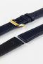 Photograph showing RIOS1931 Merino Leather Watch Strap buckled up and lug ends with springbar holes, topside and underside, with polished gold buckle option