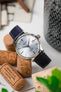 Macro Photography of Seiko Presage Automatic Watch on Lambskin Merino Strap in Ocean Blue at ten past ten