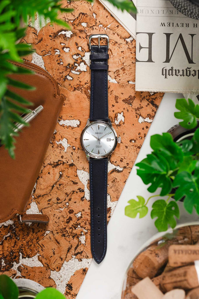 Lay flat image of RIOS1931 Merino Lambskin Leather Watch Strap on Seiko Presage Cocktail Time Watch with blue dial