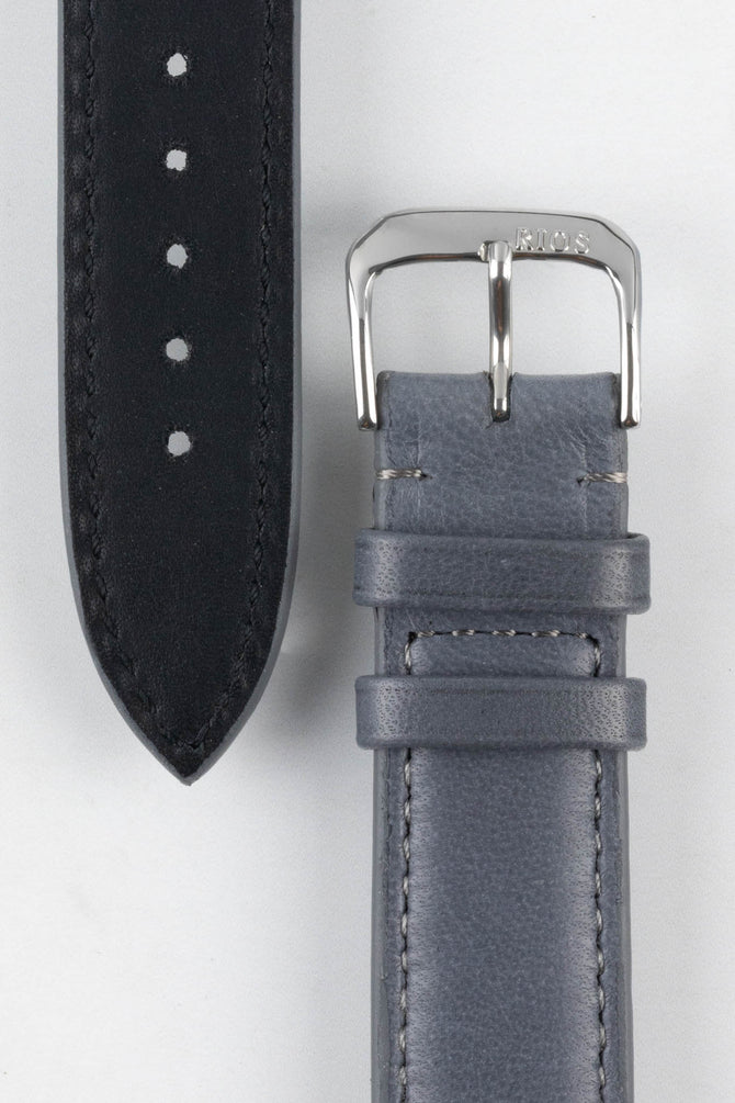 Close up of Stone Gray RIOS1931 Merino Leather strap with polished stainless steel buckle and leather keepers, showing underside of strap