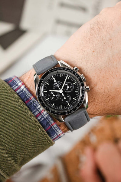 Image of Omega Speedmaster Professional Black Dial Mechanical Watch fitted to 20mm Black RIOS1931 Merino Genuine Lambskin Strap in Stone Grey