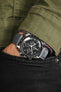 Pocket Shot Photograph of Stone Grey Merino Genuine Lambskin Watch Strap on Omega Speedy Pro