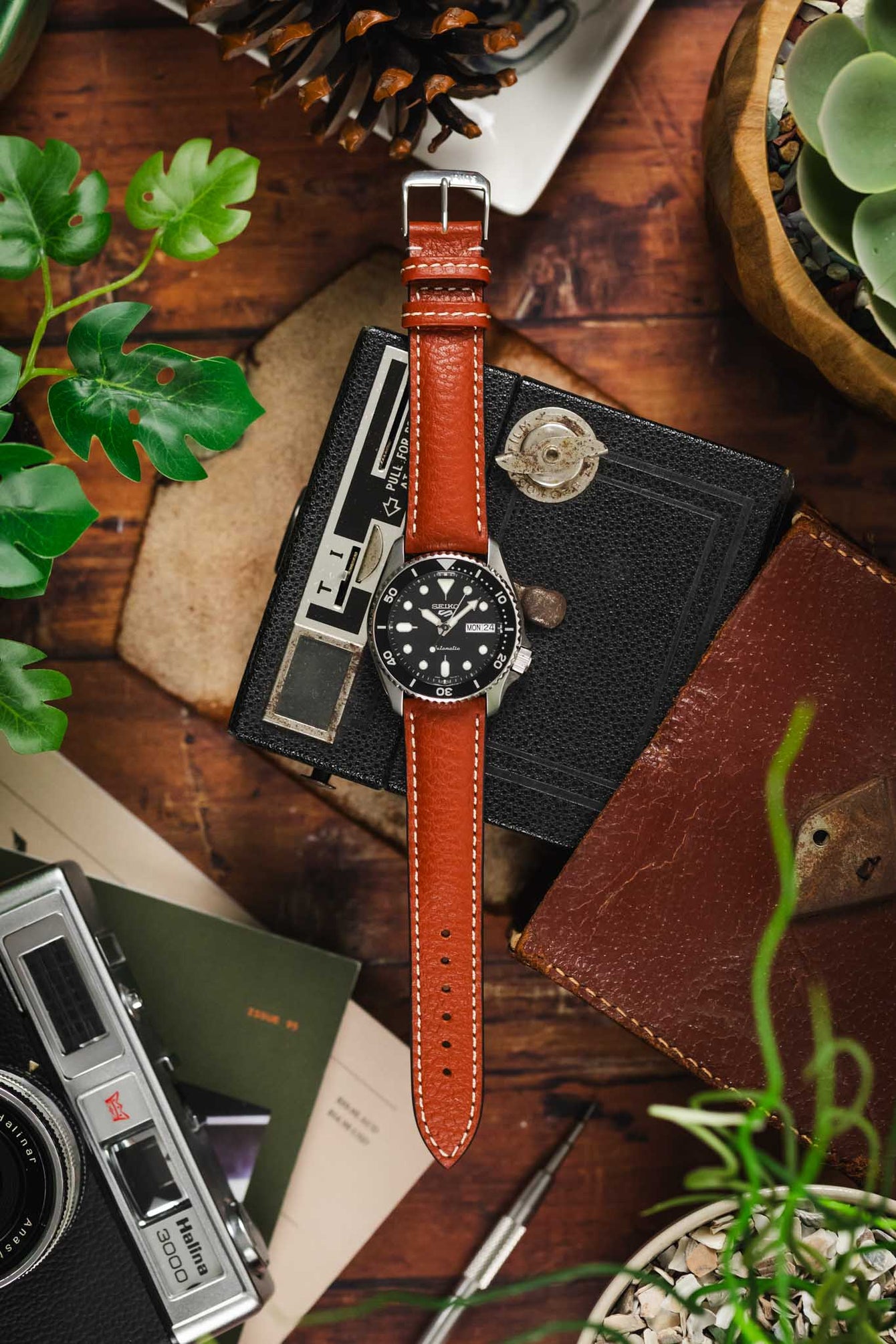 A Seiko diving watch with a cognac-colored RIOS1931 Montana strap and white stitching, displayed on a wooden table with a vintage camera and plants.