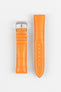 A product shot of an orange crocodile-embossed leather watch strap with a silver buckle and white contrast stitching. The two separate pieces of the strap are laid vertically side-by-side on a plain white background.