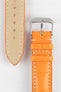 A close-up product shot of a bright orange crocodile-embossed leather watch strap on a plain white background. The image focuses on the silver buckle, which is engraved with "RIOS", and the tan underside of the other strap piece, showcasing the stitch work.