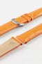
A product shot of an orange crocodile-embossed leather watch strap with a silver buckle and white contrast stitching. The two separate pieces of the strap are laid diagonally on a plain white background. The underside of one piece is visible and stamped with the size "20/18".