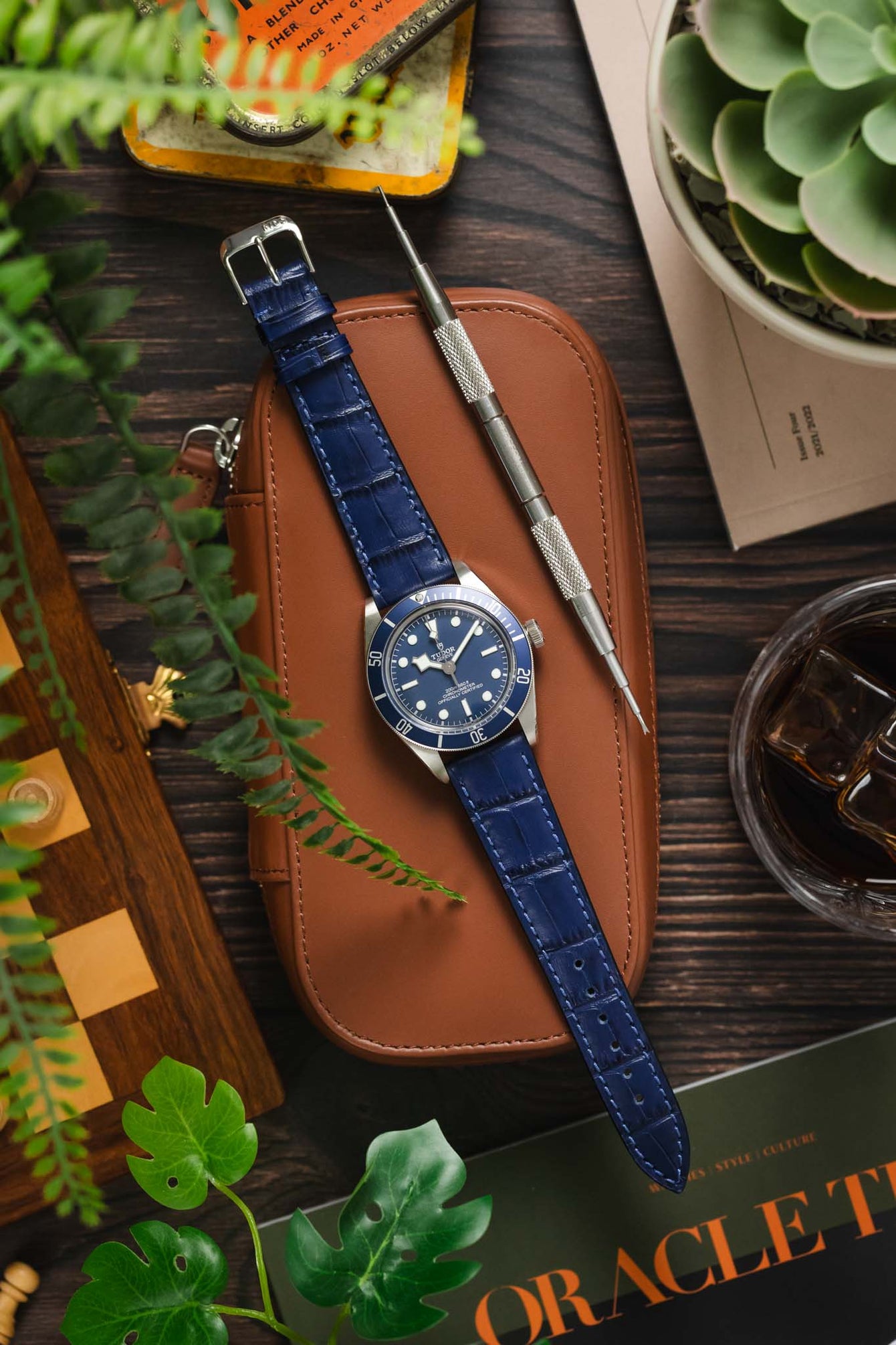 RIOS1931 ORLANDO Alligator-Embossed Leather Watch Strap in NAVY BLUE