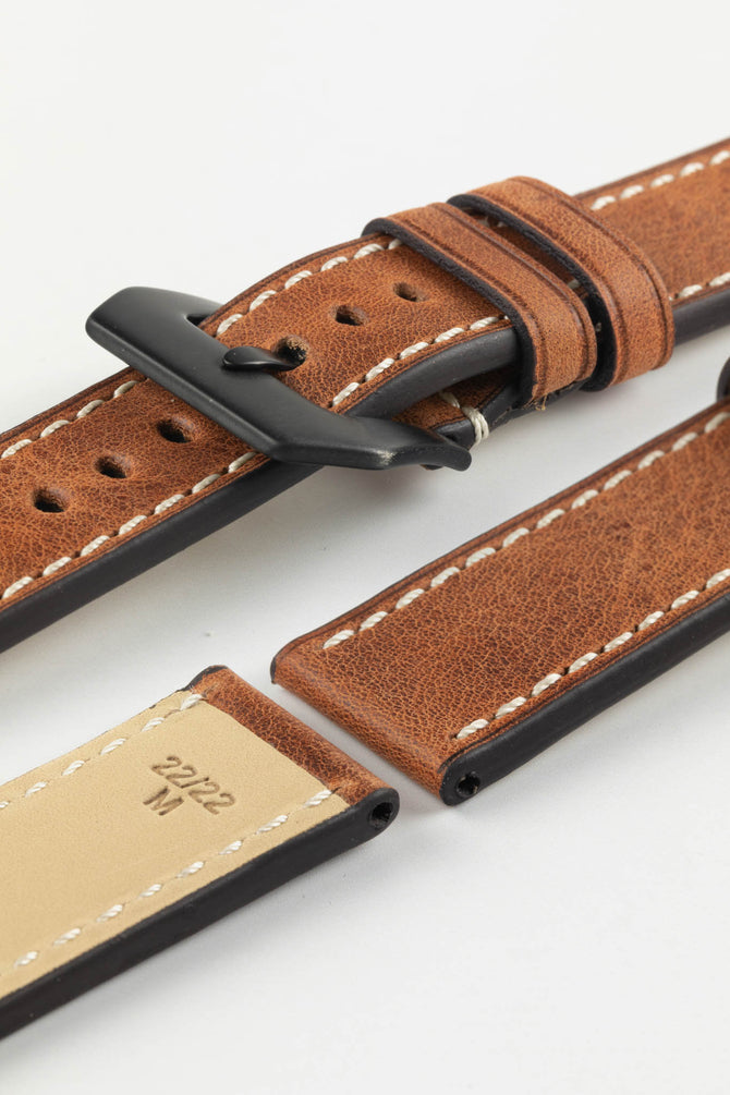 RIOS1931 OXFORD Flat-Padded Vintage Leather Watch Strap in COGNAC