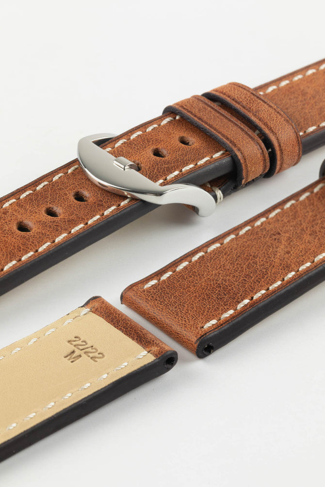 RIOS1931 OXFORD Flat-Padded Vintage Leather Watch Strap in COGNAC