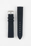 Front view of a dark navy fabric watch strap displayed in two separate pieces on a light gray background. One piece features a polished silver-tone RIOS-branded buckle and matching fabric keepers, while the other shows six adjustment holes and a pointed tip. The woven texture and stitched edges are clearly visible throughout the strap.