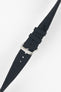 Dark navy fabric watch strap with a polished silver-tone buckle, shown against a light gray background. The close-up image highlights the textured woven material, adjustment holes, stitched edges, and matching fabric keepers, with the RIOS-branded buckle prominently displayed.