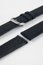 Close-up product image of a dark navy watch strap with a polished silver buckle. The strap is shown in separated sections, highlighting the fabric exterior, stitching details, adjustment holes, and textured leather underside against a light gray background.