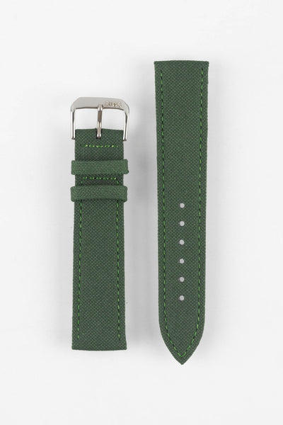 Olive green canvas watch strap with green contrast stitching and a polished RIOS1931 stainless steel buckle, displayed on a white background.