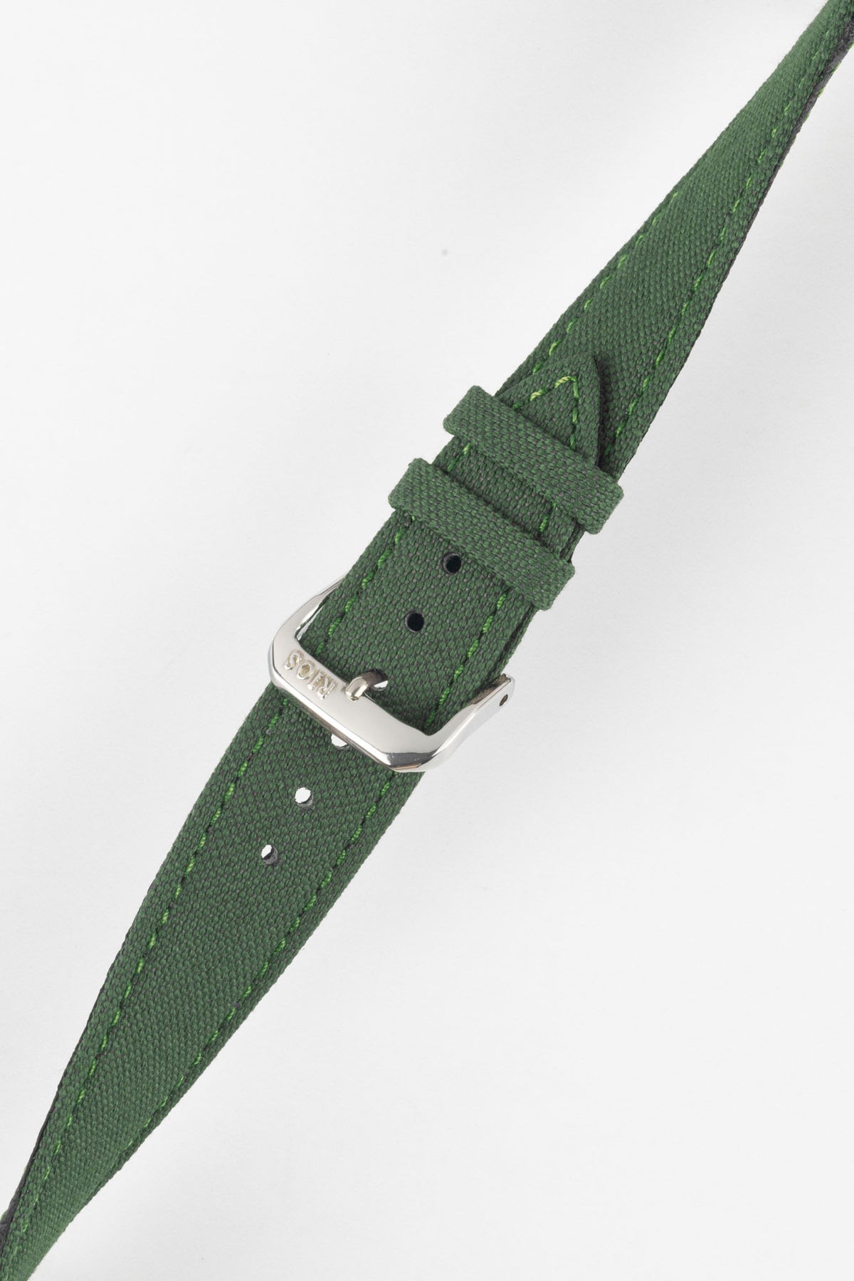 Olive green canvas watch strap with green contrast stitching and a polished RIOS1931 stainless steel buckle, shown at an angled view on a white background.