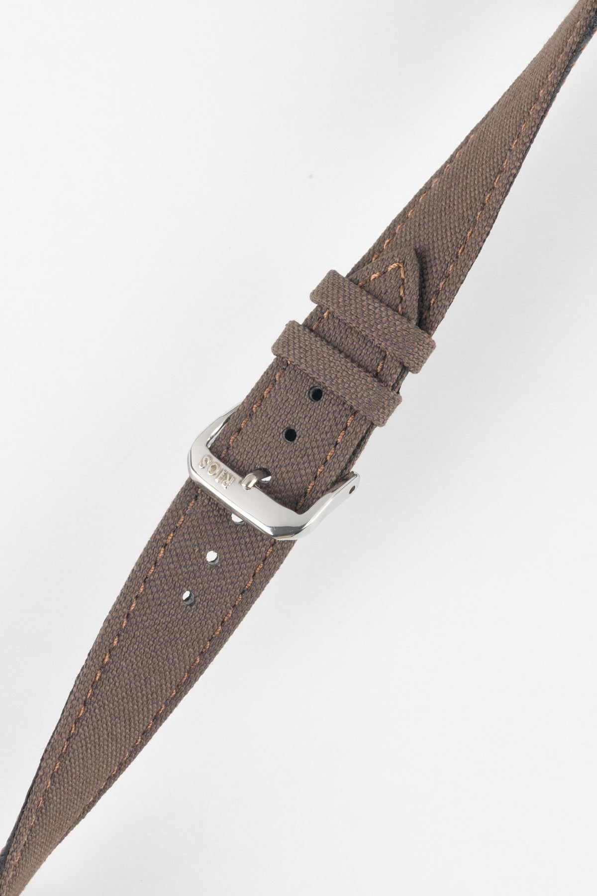 Angled view of a mocha brown fabric watch strap with a silver-tone RIOS buckle, adjustment holes, and matching stitched edges.