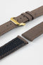 Mocha brown fabric watch strap with a gold-tone RIOS buckle, shown in close-up with a black leather underside and contrast stitching.