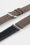 Mocha brown fabric watch strap with a silver-tone RIOS buckle, shown with a black leather underside and contrast stitching.