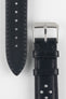 Front and back detail view of a black perforated leather rally watch strap featuring a smooth leather finish, black stitching, a black leather lining, dual keeper loops, and a polished stainless steel RIOS buckle, displayed on a light grey background to highlight the tone-on-tone design, tapered pointed tip, and premium handcrafted construction.