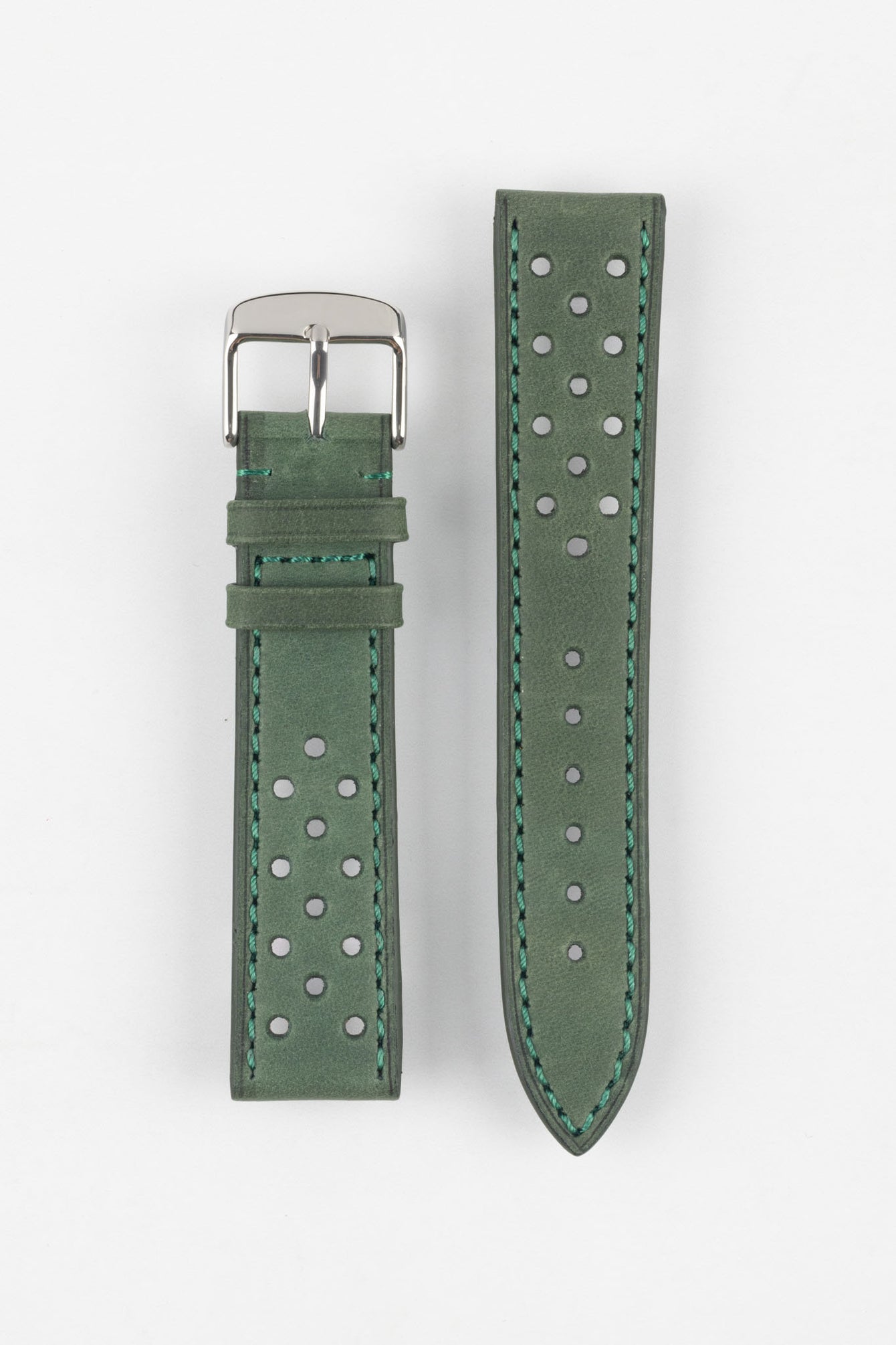 Product shot of a two-piece green perforated leather watch strap laid flat on a plain light background, featuring contrast green stitching and a polished silver pin buckle on one end.