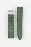 Product shot of a two-piece green perforated leather watch strap laid flat on a plain light background, featuring contrast green stitching and a polished silver pin buckle on one end.