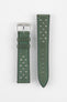 Two-piece forest green perforated leather rally watch strap with a soft nubuck-style finish, turquoise contrast stitching, a tapered pointed tip, dual keeper loops, multiple motorsport-inspired perforations, quick-release spring bars, and a polished stainless steel RIOS buckle, displayed flat on a light grey background to showcase the vintage racing-inspired design and premium handcrafted construction.
