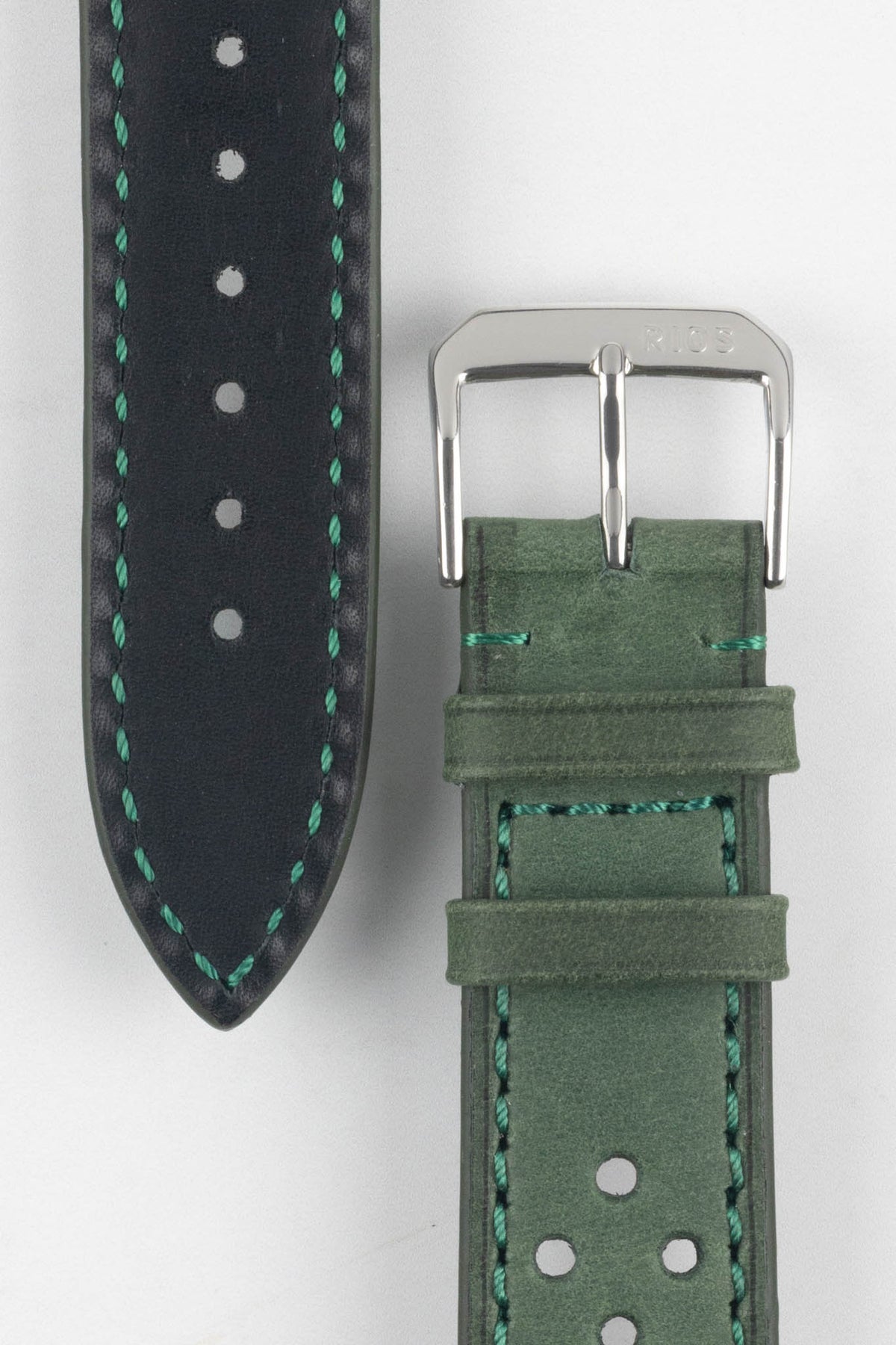 Front and back detail view of a forest green perforated leather rally watch strap featuring a soft nubuck-style finish, turquoise contrast stitching, a black leather lining, dual keeper loops, and a polished stainless steel RIOS buckle, displayed on a light grey background to highlight the vintage motorsport-inspired design, contrasting underside, and premium handcrafted construction.