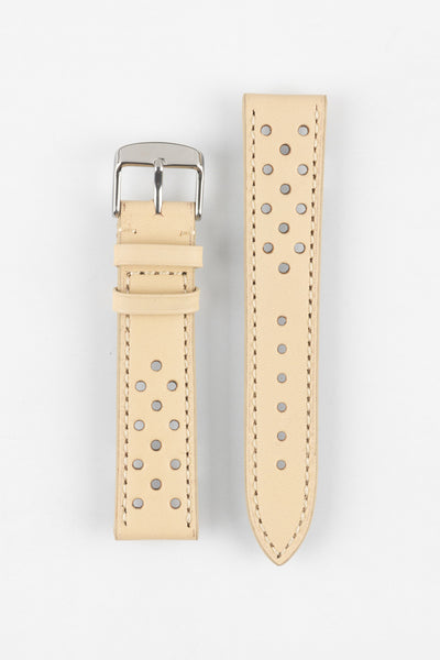 Product shot of a two-piece beige perforated leather watch strap laid flat on a plain light background, featuring contrasting stitching and a polished silver pin buckle on one end.