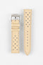Product shot of a two-piece beige perforated leather watch strap laid flat on a plain light background, featuring contrasting stitching and a polished silver pin buckle on one end.