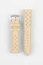 Two-piece sand-coloured perforated leather rally watch strap with cream contrast stitching, a tapered pointed tip, dual keeper loops, multiple racing-style perforations, quick-release spring bars, and a polished stainless steel RIOS buckle, displayed flat on a light grey background to showcase the vintage motorsport-inspired design and premium handcrafted leather construction.