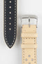 Front and back detail view of a sand-coloured perforated leather rally watch strap featuring cream contrast stitching, a black leather lining, multiple racing-style perforations, dual keeper loops, a polished stainless steel RIOS buckle, and a pointed tapered tip, displayed on a light grey background to highlight the vintage motorsport-inspired design and premium handcrafted construction.