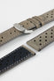 Close-up product shot of grey suede perforated leather watch strap components with light contrast stitching, including one fitted with a polished silver deployment clasp. Additional strap sections, including one with a black underside, are arranged on a plain light background to highlight the soft texture, perforations, and metal hardware details.