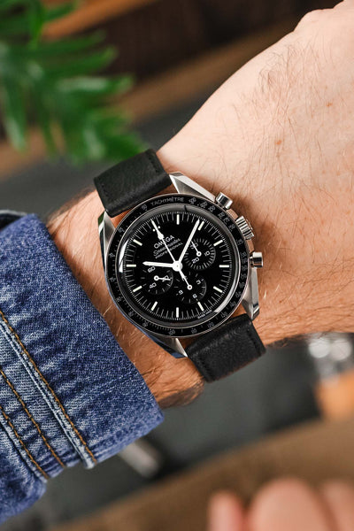 Omega Speedmaster Profession fitted to a RIOS1931 Organic Leather Black Waging Strap, on a wrist with denim shirt