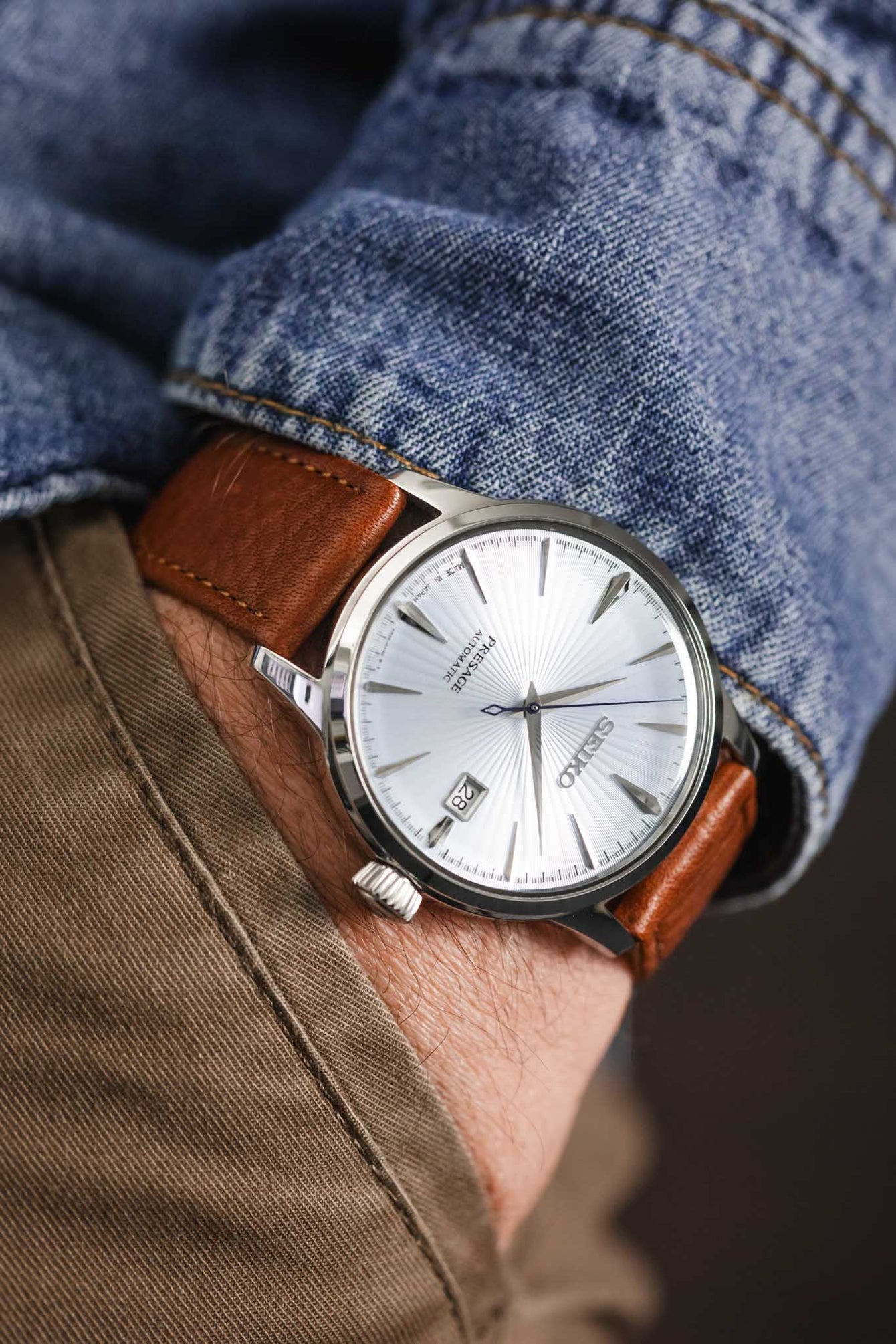 Pocket shot of Blue Dial Watch on Cognac Leather RIOS1931 Waging strap