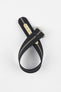 Black ribbed nylon watch strap with a central cream stripe, displayed looped and crossed on a light grey background. The strap features a brushed silver deployant clasp with an engraved logo and a cream-colored reinforced section with evenly spaced adjustment holes near the end.