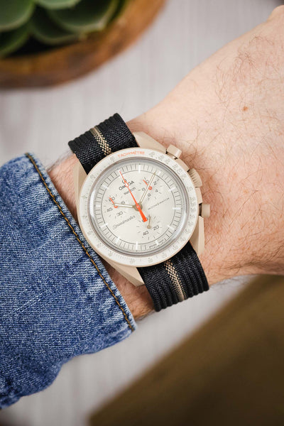 Ribbed Nylon Watch Strap with Clasp in BLACK/CREAM