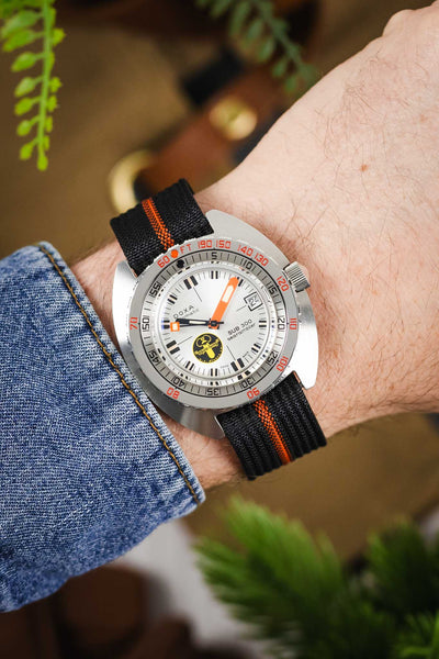 Ribbed Nylon Watch Strap with Clasp in BLACK/ORANGE