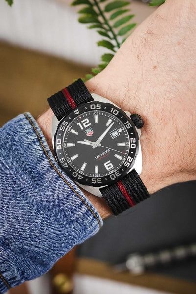 Ribbed Nylon Watch Strap with Clasp in BLACK/RED