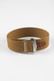 A three-quarter view of a brown ribbed-nylon watch strap fastened into a loop, highlighting the brushed metal buckle and woven texture on a white background.