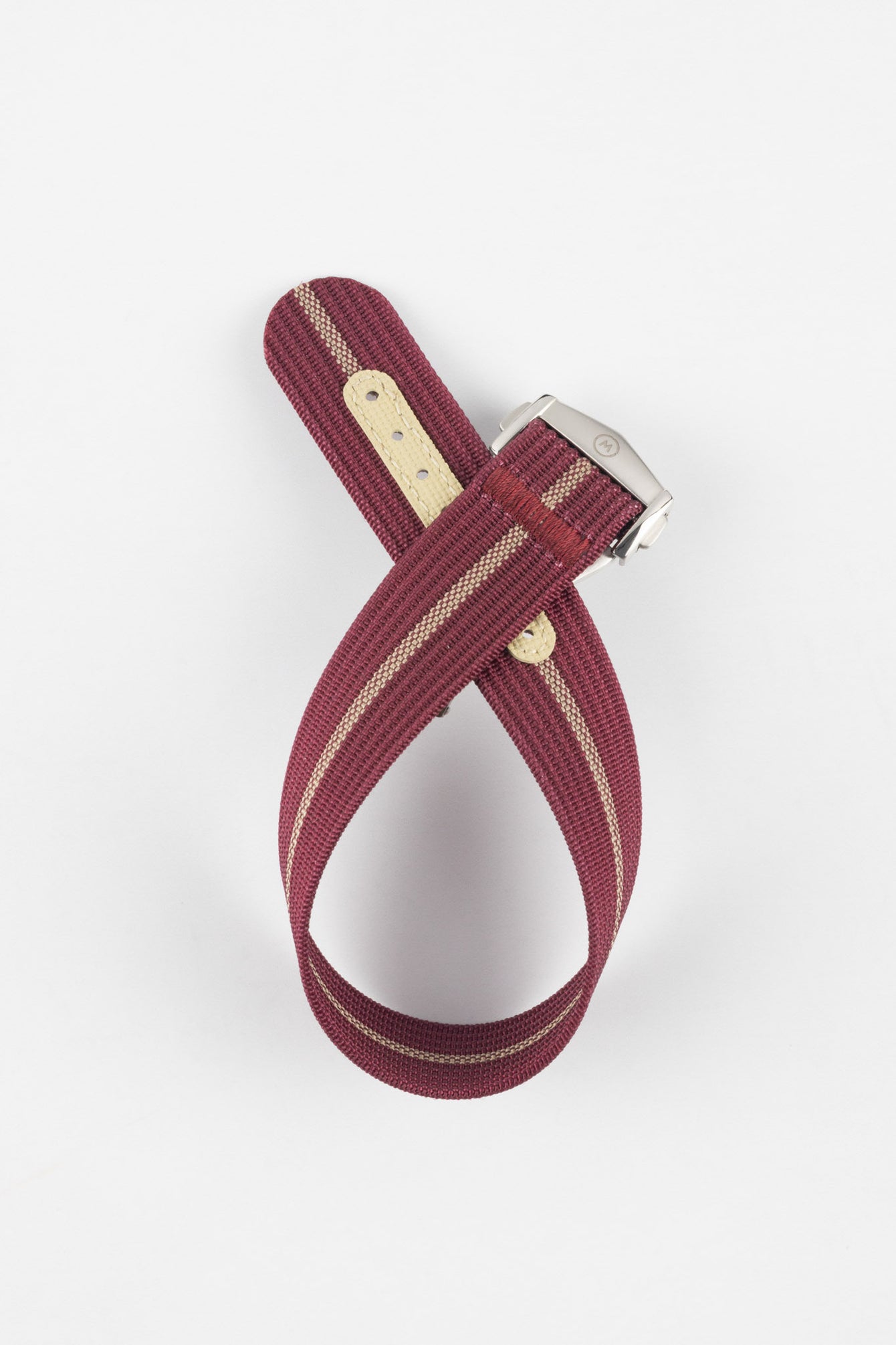 Ribbed Nylon Watch Strap with Clasp in BURGUNDY/CREAM