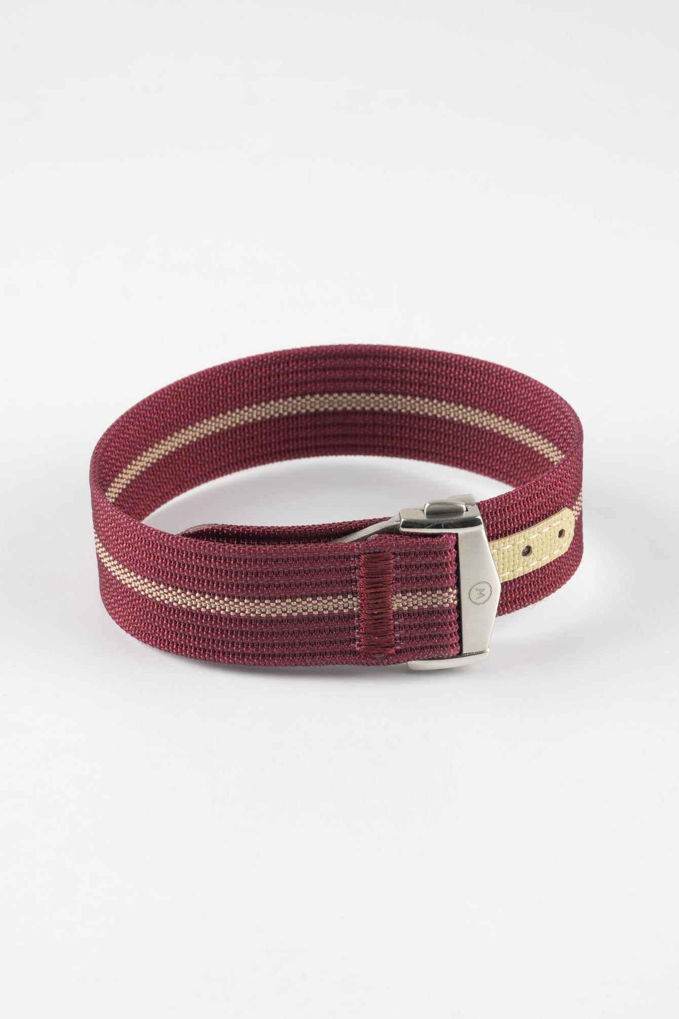 Ribbed Nylon Watch Strap with Clasp in BURGUNDY/CREAM