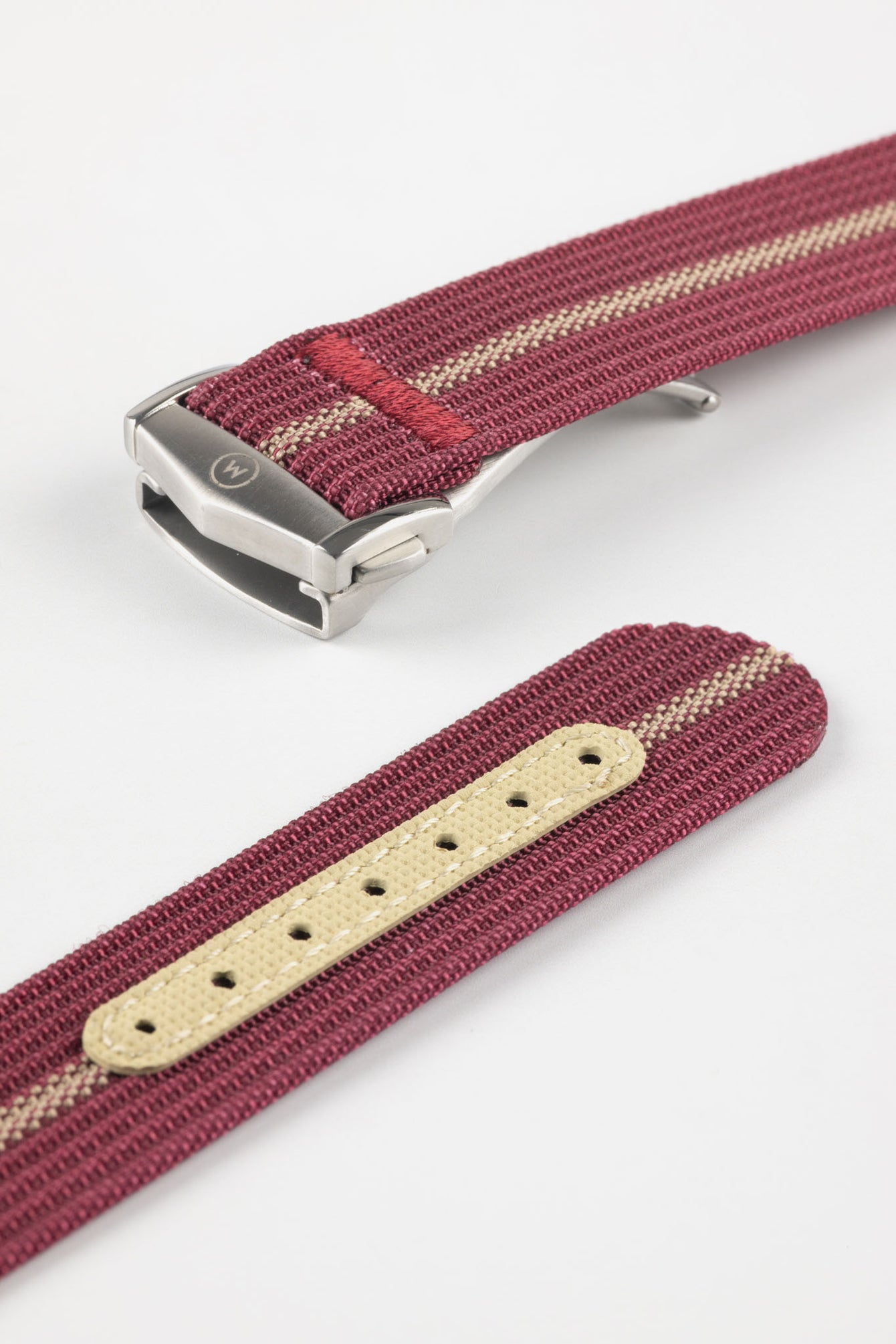 Ribbed Nylon Watch Strap with Clasp in BURGUNDY/CREAM