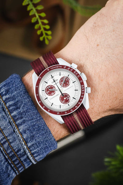 Ribbed Nylon Watch Strap with Clasp in BURGUNDY/CREAM