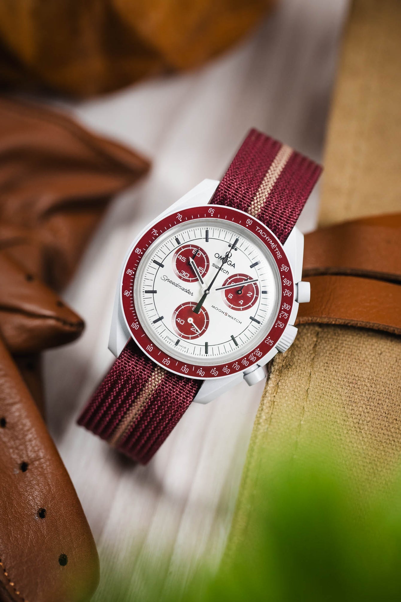 Ribbed Nylon Watch Strap with Clasp in BURGUNDY/CREAM