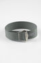A three-quarter view of a grey ribbed-nylon watch strap fastened into a loop, highlighting the brushed metal buckle and woven texture on a white background.